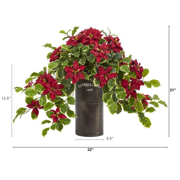 21 Poinsettia and Variegated Holly Artificial Plant in Decorative Planter Real Touch - SKU #P1341-RD - 1