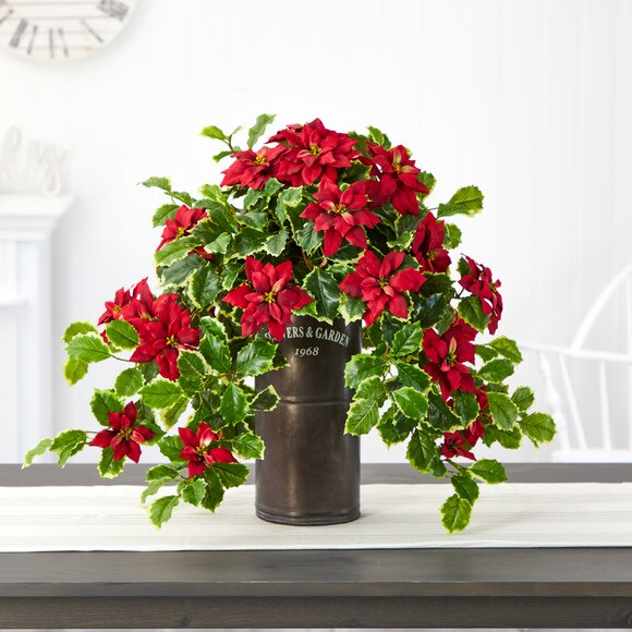 21 Poinsettia and Variegated Holly Artificial Plant in Decorative Planter Real Touch - SKU #P1341-RD - 2