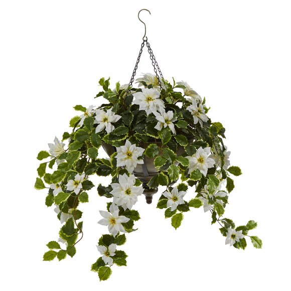 3 Poinsettia and Variegated Holly Artificial Plant in Metal Hanging Bowl Real Touch - SKU #P1342-WH