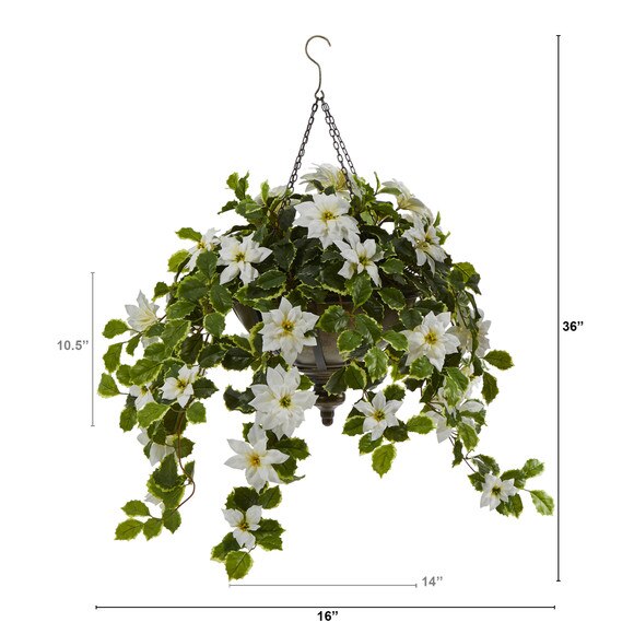 3 Poinsettia and Variegated Holly Artificial Plant in Metal Hanging Bowl Real Touch - SKU #P1342-WH - 1
