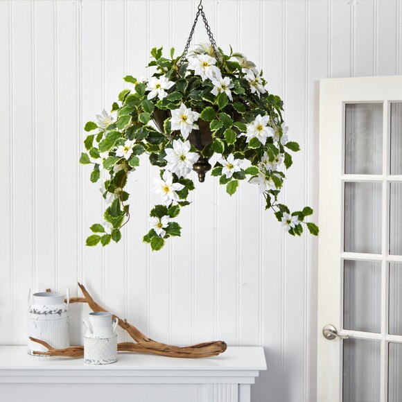 3 Poinsettia and Variegated Holly Artificial Plant in Metal Hanging Bowl Real Touch - SKU #P1342-WH - 2