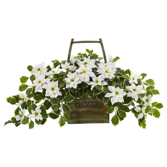 18 Poinsettia and Variegated Holly Artificial Plant in Vintage Decorative Basket Real Touch - SKU #P1343