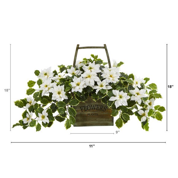 18 Poinsettia and Variegated Holly Artificial Plant in Vintage Decorative Basket Real Touch - SKU #P1343 - 1