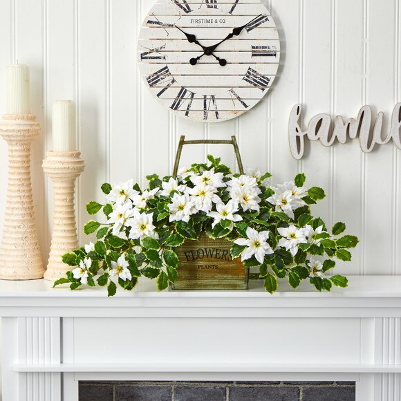 18 Poinsettia and Variegated Holly Artificial Plant in Vintage Decorative Basket Real Touch - SKU #P1343 - 2