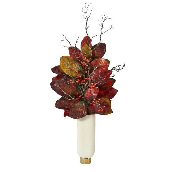 38 Autumn Magnolia Leaf with Berries Artificial Plant in Cream Planter with Gold Base - SKU #P1544