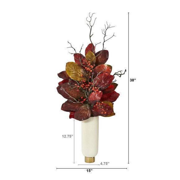 38 Autumn Magnolia Leaf with Berries Artificial Plant in Cream Planter with Gold Base - SKU #P1544 - 1