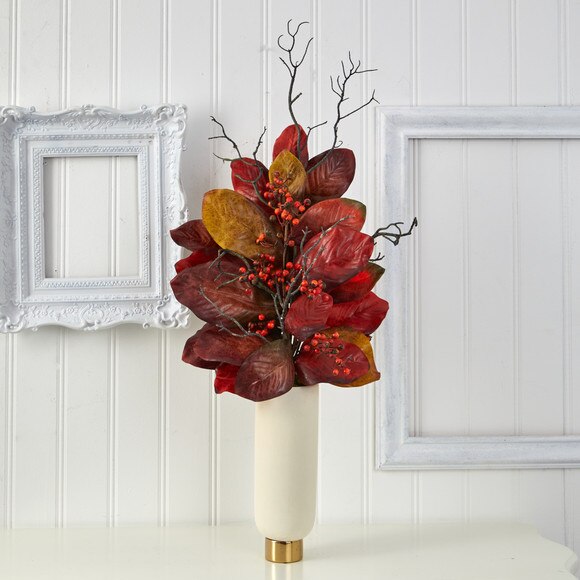 38 Autumn Magnolia Leaf with Berries Artificial Plant in Cream Planter with Gold Base - SKU #P1544 - 2