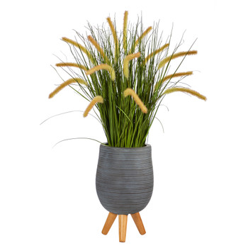 3 Onion Grass Artificial Plant in Gray Planter with Stand - SKU #P1555