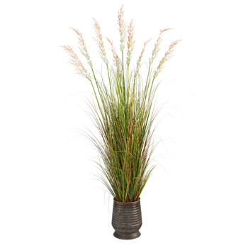 6 Grass Artificial Plant in Ribbed Metal Planter - SKU #P1564