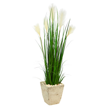4.5 Wheat Plum Grass Artificial Plant in Country White Planter - SKU #P1573