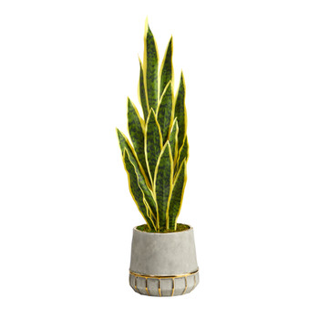 34 Sansevieria Artificial Plant in Stoneware Planter with Gold Trimming - SKU #P1594