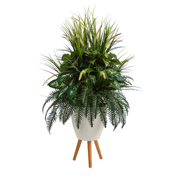 4.5 Mixed Greens Artificial Plant in White Planter with Legs - SKU #P1603