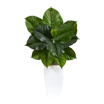 34 Large Philodendron Leaf Artificial Plant in White Metal Planter - SKU #P1610