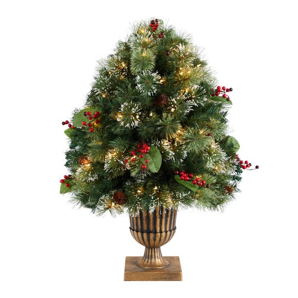 3 Holiday Pre-Lit Snow Tip Greenery Berries and Pinecones Plant in Urn with 100 LED Lights - SKU #P1811