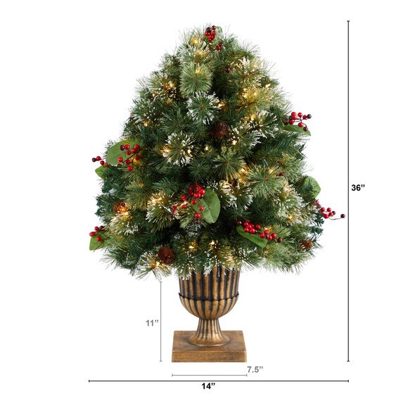 3 Holiday Pre-Lit Snow Tip Greenery Berries and Pinecones Plant in Urn with 100 LED Lights - SKU #P1811 - 1