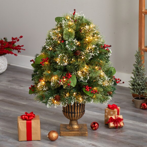 3 Holiday Pre-Lit Snow Tip Greenery Berries and Pinecones Plant in Urn with 100 LED Lights - SKU #P1811 - 6