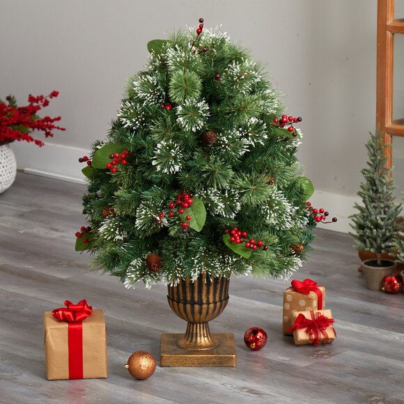 3 Holiday Pre-Lit Snow Tip Greenery Berries and Pinecones Plant in Urn with 100 LED Lights - SKU #P1811 - 7