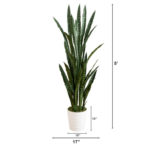 5 UV Resistant Artificial Sansevieria Plant in White Decorative Planter Indoor/Outdoor - SKU #P2136 - 1