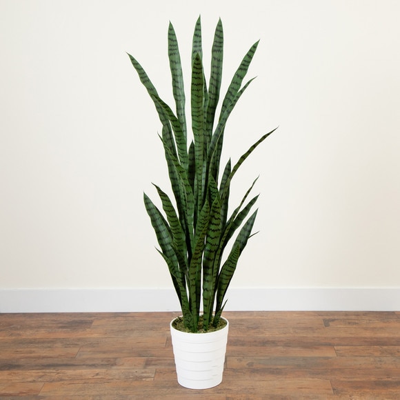5 UV Resistant Artificial Sansevieria Plant in White Decorative Planter Indoor/Outdoor - SKU #P2136 - 6