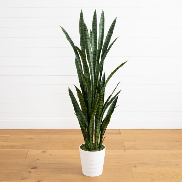 5 UV Resistant Artificial Sansevieria Plant in White Decorative Planter Indoor/Outdoor - SKU #P2136 - 7