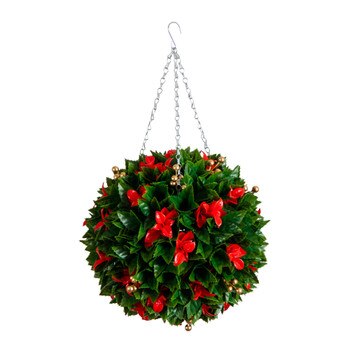 15-in UV Resistant Artificial Red Tip Photinia Christmas Hanging Ball with Gold Berries Indoor/Outdoor - SKU #P2206