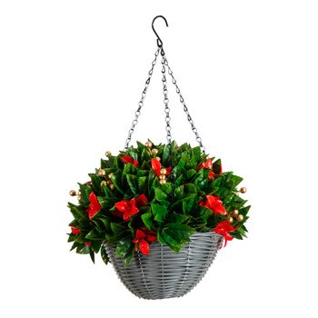 24-in Pre-Lit UV Resistant Artificial Red Tip Photinia Gold Berries Christmas Hanging Basket with 34 Warm White LED Lights Indoor/Outdoor - SKU #P2207