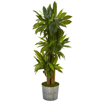 58 Corn Stalk Dracaena Artificial Plant in Black Embossed Tin Planter Real Touch - SKU #T1047