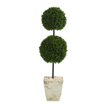 4 Boxwood Double Ball Artificial Topiary Tree in Country White Planter UV Resistant Indoor/Outdoor - SKU #T1280