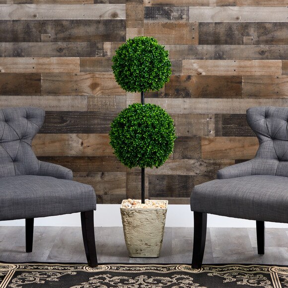 4 Boxwood Double Ball Artificial Topiary Tree in Country White Planter UV Resistant Indoor/Outdoor - SKU #T1280 - 2
