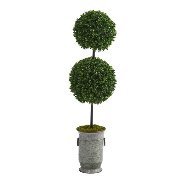 50 Boxwood Double Ball Artificial Topiary Tree in Vintage Metal Planter UV Resistant Indoor/Outdoor - SKU #T1281