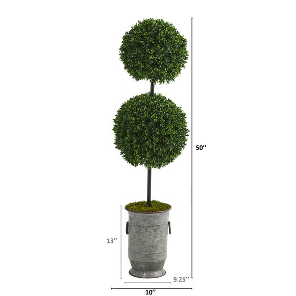 50 Boxwood Double Ball Artificial Topiary Tree in Vintage Metal Planter UV Resistant Indoor/Outdoor - SKU #T1281 - 1