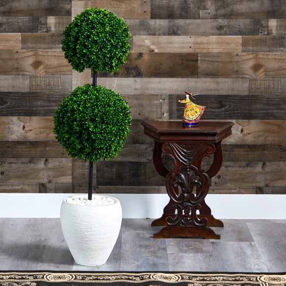 4 Boxwood Double Ball Artificial Topiary Tree in White Planter UV Resistant Indoor/Outdoor - SKU #T1282 - 2