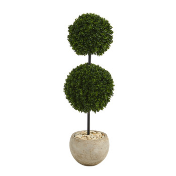 45 Boxwood Double Ball Artificial Topiary Tree in Sand Colored Planter UV Resistant Indoor/Outdoor - SKU #T1283