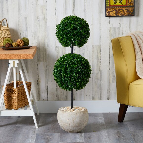 45 Boxwood Double Ball Artificial Topiary Tree in Sand Colored Planter UV Resistant Indoor/Outdoor - SKU #T1283 - 2