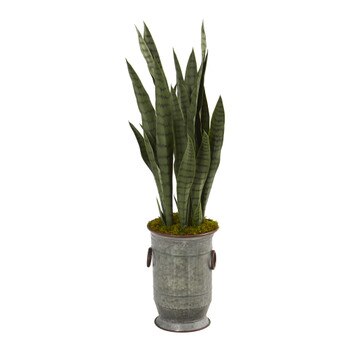 34 Sansevieria Artificial Plant in Vintage Metal Planter - SKU #T1289