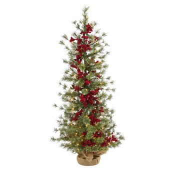 4 Berry and Pine Artificial Christmas Tree with 100 Warm White Lights and Burlap Wrapped Base - SKU #T1427