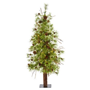 4 Wyoming Alpine Artificial Christmas Tree with 50 Clear multifunction LED Lights and Pine Cones on Natural Trunk - SKU #T1432