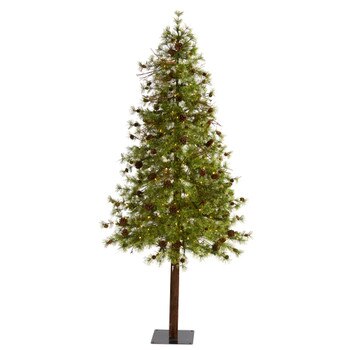 7 Wyoming Alpine Artificial Christmas Tree with 200 Clear multifunction LED Lights and Pine Cones on Natural Trunk - SKU #T1435