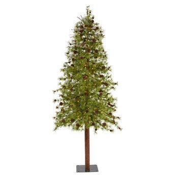 8 Wyoming Alpine Artificial Christmas Tree with 250 Clear multifunction LED Lights and Pine Cones on Natural Trunk - SKU #T1436