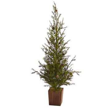 4 Alpine Natural Look Artificial Christmas Tree in Wood Planter with Pine Cones - SKU #T1504