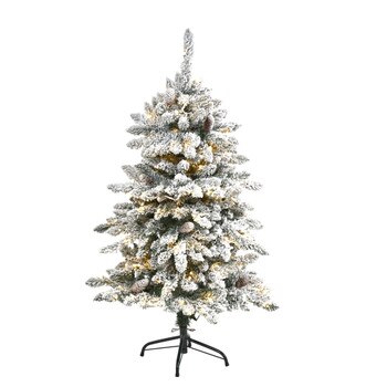 4 Flocked Livingston Fir Artificial Christmas Tree with Pine Cones and 150 Clear Warm LED Lights - SKU #T1609