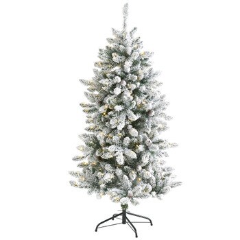 5 Flocked Livingston Fir Artificial Christmas Tree with Pine Cones and 200 Clear Warm LED Lights - SKU #T1610