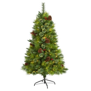 5 Montana Mixed Pine Artificial Christmas Tree with Pine Cones Berries and 250 Clear LED Lights - SKU #T1621