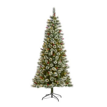 7 Frosted Swiss Pine Artificial Christmas Tree with 400 Clear LED Lights and Berries - SKU #T1629