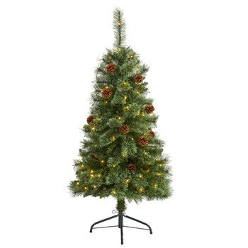 4 White Mountain Pine Artificial Christmas Tree with 100 Clear LED Lights and Pine Cones - SKU #T1639