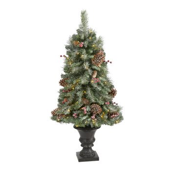 4 Frosted Pine Pinecone and Berries Artificial Christmas Tree with 100 Clear LED Lights in Decorative Urn - SKU #T1692