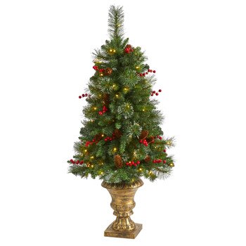 4 Pine Pinecone and Berries Artificial Christmas Tree with 100 Clear LED Lights in Decorative Urn - SKU #T1693