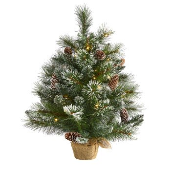 2 Frosted Pine Artificial Christmas Tree with 35 Clear LED Lights Pinecones and Burlap Base - SKU #T1694