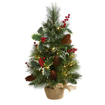 18 Mixed Pine Artificial Christmas Tree with Holly Berries Pinecones 35 Clear LED Lights and Burlap Base - SKU #T1696