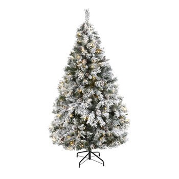 6 Flocked White River Mountain Pine Artificial Christmas Tree with Pinecones and 250 Clear LED Lights - SKU #T1764